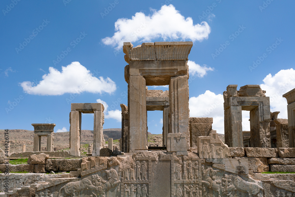Ruins, statues and murals of ancient persian city of Persepolis in Iran. Most famous remnants of the ancient Persian empire.