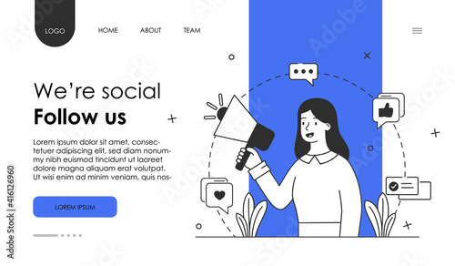 Female character with megaphone is asking to follow her on social media. Subscribe for news and get connected to website. Website, web page, landing page template. Flat cartoon vector illustration