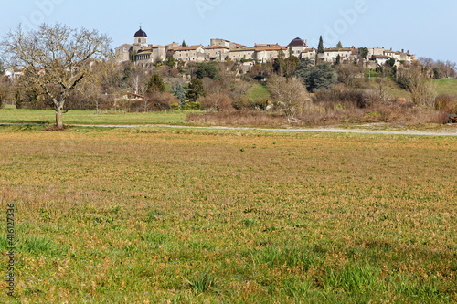 PEROUGES, FRANCE, February 23, 2021 : Far view of the old medieval town. The town was restored and houses were saved in the beginning of 20th century and is now a popular tourist attraction.