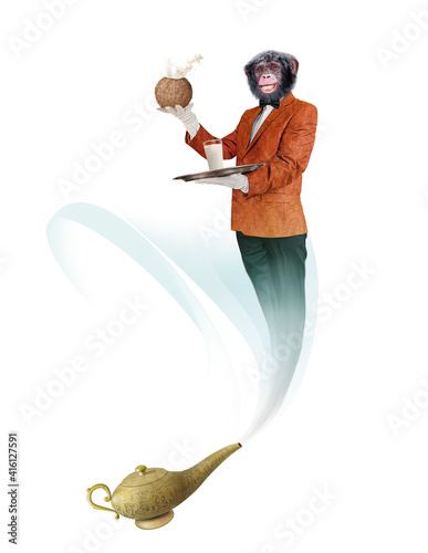 génie, chimpanzé , servir, magie, lampe d'aladin, bleu, restauration, maitre d'hôtel, barbe blanche, présentation, sympa, oriental, mille et une nuit, content, costume, cadeau, dessin animé, drôle, jo photo