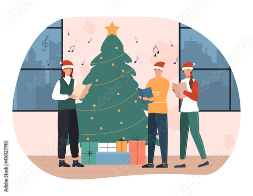 Happy male and femalecharacters in Santa hats singing christmas carols. Concept of winter holidays. Xmas singers caroling choir at home. Flat cartoon vector illustration