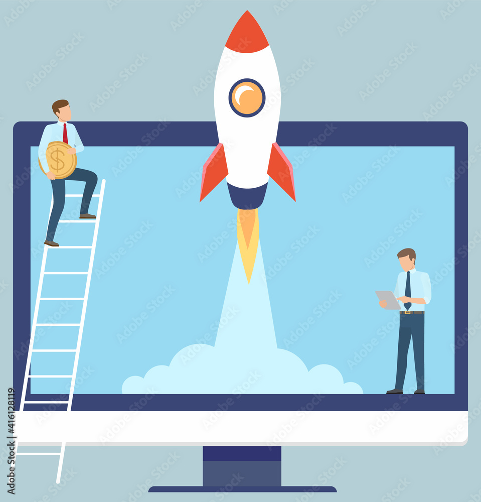 Obraz premium Business team make new project standing near laptop, start up concept. Rocket takes off into sky. Businessman on ladder with coin develops business idea. Innovative successful way in entrepreneurship