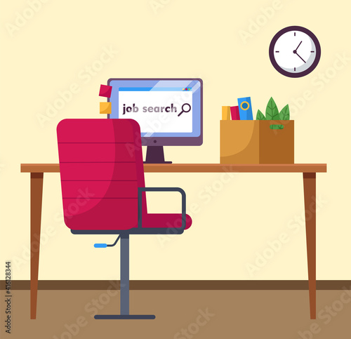 Office chair and office desk with a computer monitor with job search page, books and cardboard box with things. Furniture and equipment for the workplace of an employee, dismissed fellow worker