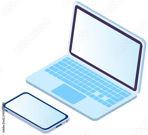 Modern technology devices flat vector illustration. Laptop and smartphone isolated on white background. Electronic devices for work and study. Open computer and mobile phone with empty screen