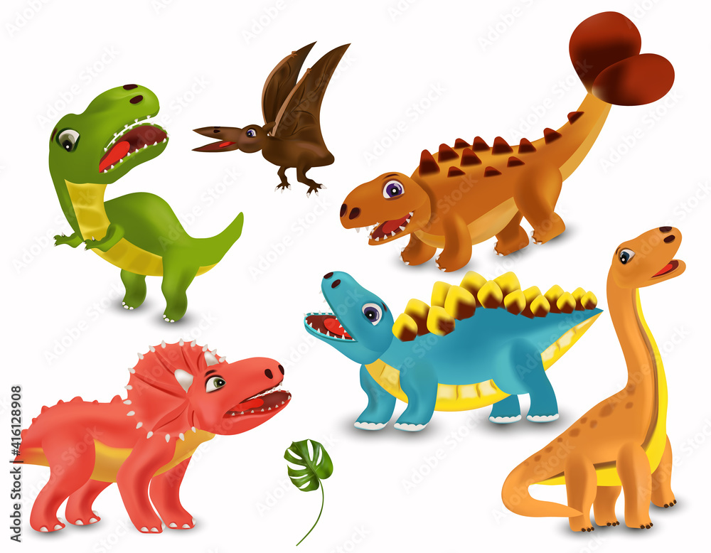 Fototapeta premium Dinosaurs Tyrannosaurus, Brachiosaurus, Pterodactyl, Triceratops, Stegosaurus cartoon character. Big collection Dinosaurs. Angry and funny Dinosaur on white background. 3D vector illustration.