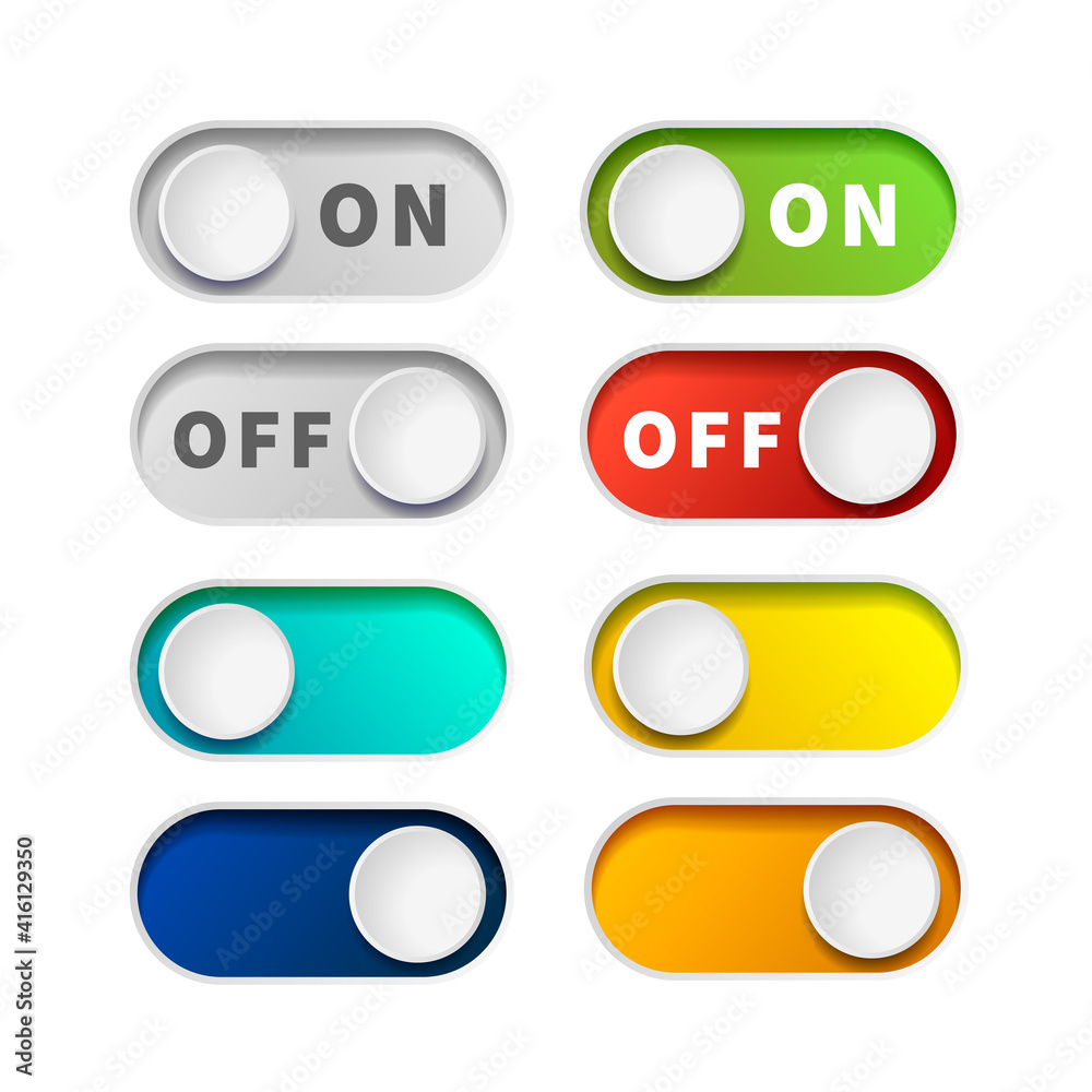 On and Off realistic toggle switch buttons on white