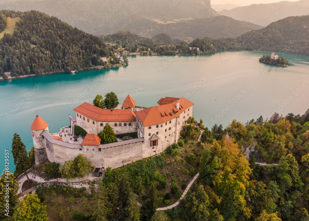 Aerial view of Lake Bled and the castle of Bled, Slovenia, Europe. Aerial drone photography.