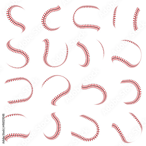 Ball lace. Red stitching for sport baseball lacing graphic pattern softball recent vector stylized symbols set for design projects. Baseball ball sewing, lace red for hardball illustration
