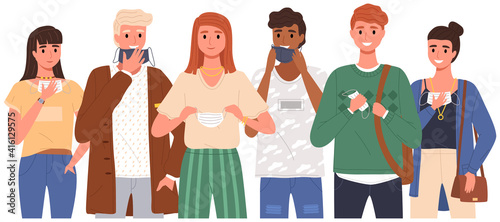 Group of people wearing medical masks. Cartoon characters take off their protective masks and smile vector illustration. Self-isolation during coronavirus pandemic. People wearing and remove face mask
