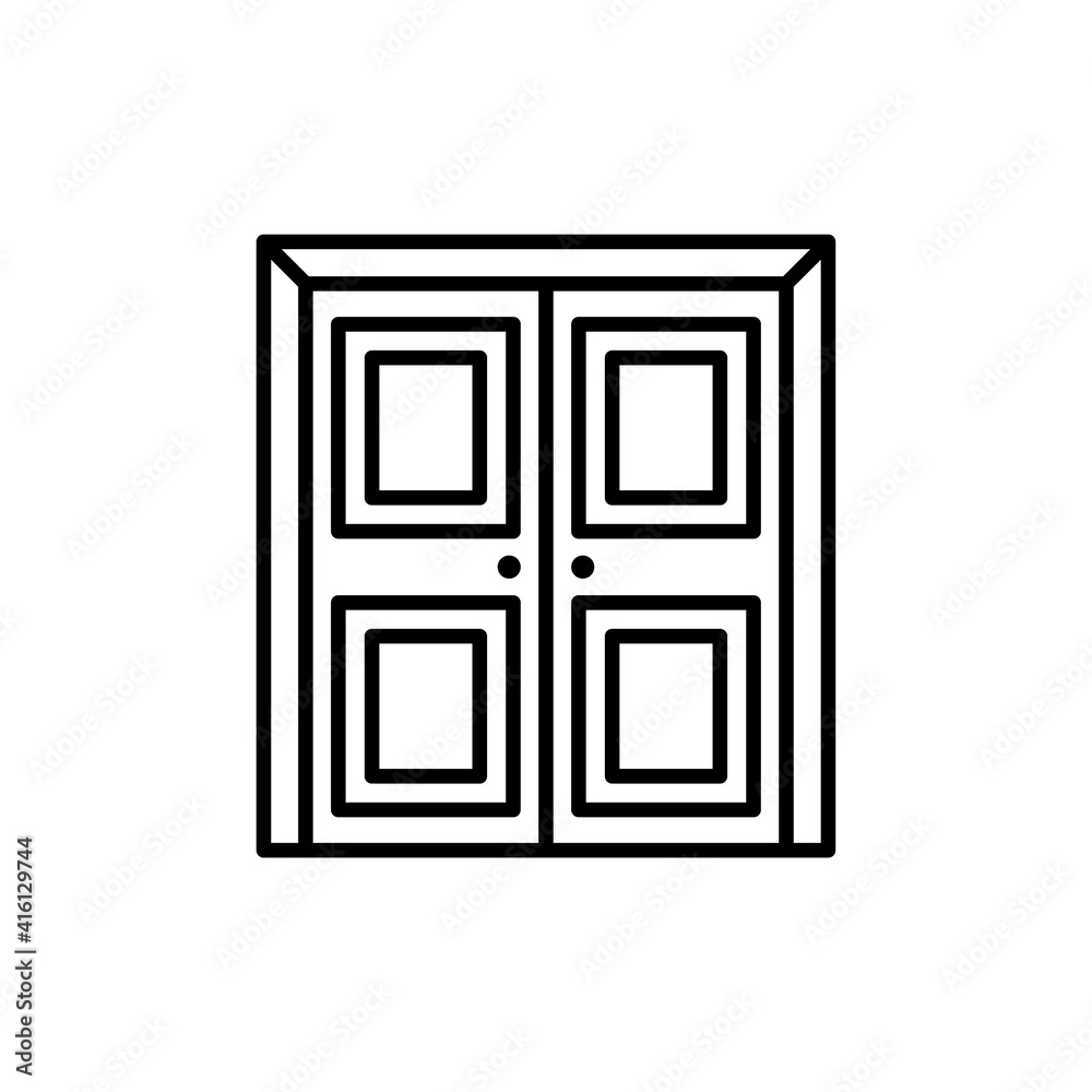 Double door icon. Front view. Black contour linear silhouette. Vector flat graphic illustration. The isolated object on a white background. Isolate. Double door icon. Front view. Black contour linear silhouette. Vector flat graphic illustration. The isolated object on a white background. Isolate.