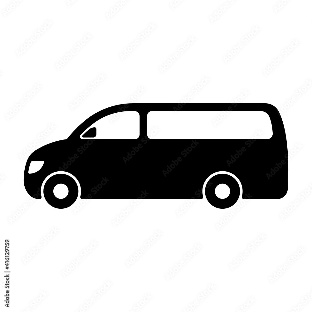 Minibus icon. Minivan. Black silhouette. Side view. Vector flat graphic illustration. The isolated object on a white background. Isolate. Minibus icon. Minivan. Black silhouette. Side view. Vector flat graphic illustration. The isolated object on a white background. Isolate.
