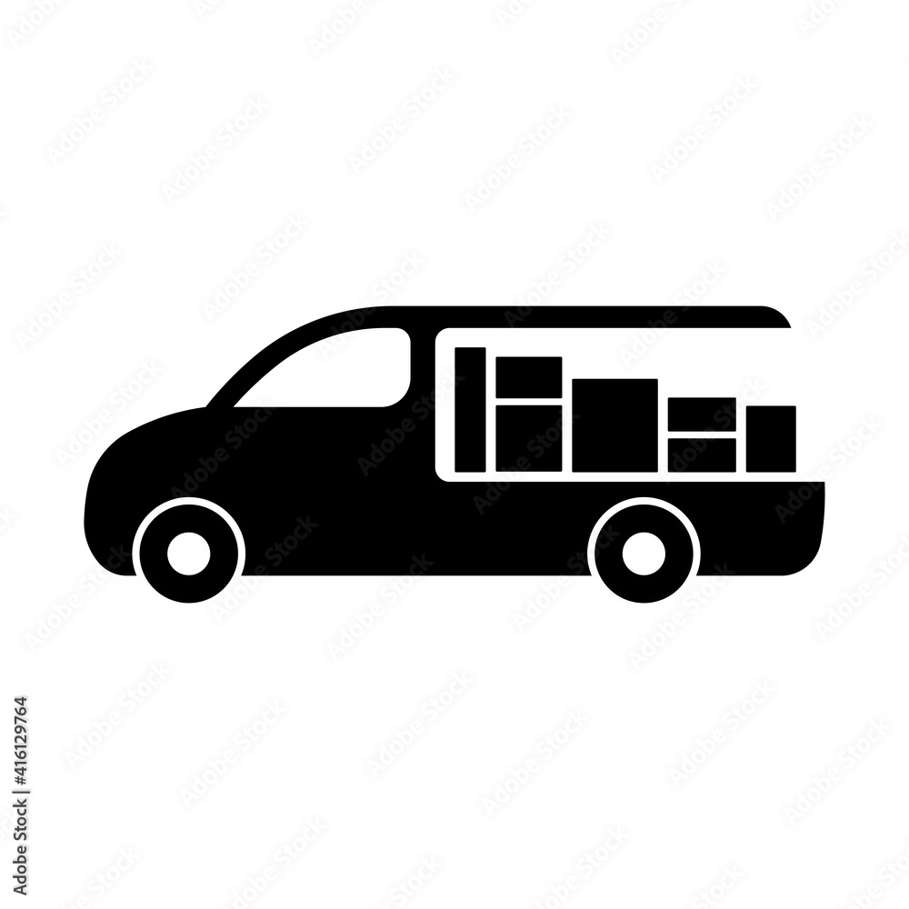 Van icon. Cargo minivan for transportation and delivery of parcels. Black silhouette. Side view. Vector flat graphic illustration. The isolated object on a white background. Isolate.