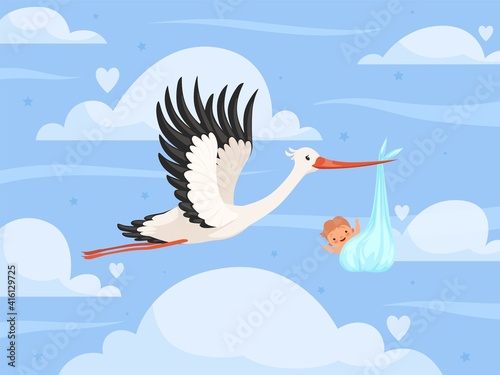 Stork with baby in clouds. New born little kids toddler birth stork delivery nowaday vector background. Illustration newborn delivery, bird with kid