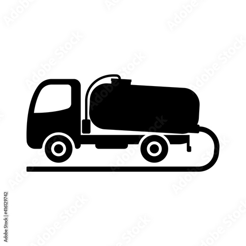 Waste disposal machine icon. Vacuum truck. Black silhouette. Side view. Vector flat graphic illustration. The isolated object on a white background. Isolate.