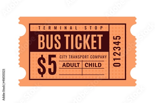 Vintage bus ticket. Paper coupon. Public transport pass paper with separation line. Check for paid fare. Orange sheet with black printed price and lettering. Vector urban transportation