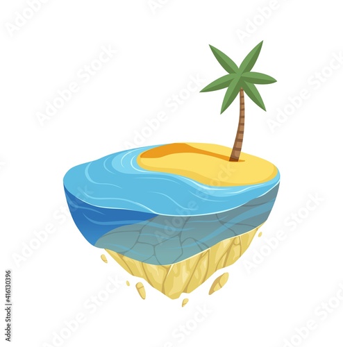 Beach island. Isometric summer location, game design. Ocean or sea coast, water sand and palm tree vector element. Illustration coast sea, palm island