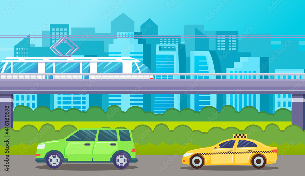 Street traffic, green car and taxi ride along the road, bushes and bushes under the bridge. Ground metro, moving train. Houses, skyscrapers, buildings on background. Flat vector illustartion of city