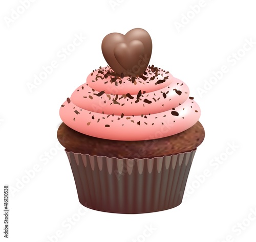Cupcake with choco heart. Isolated muffin, chocolate bake dessert. Sweet cream food, realistic biscuit and candy vector illustration. Chocolate food dessert, sweet pastry biscuit cupcake