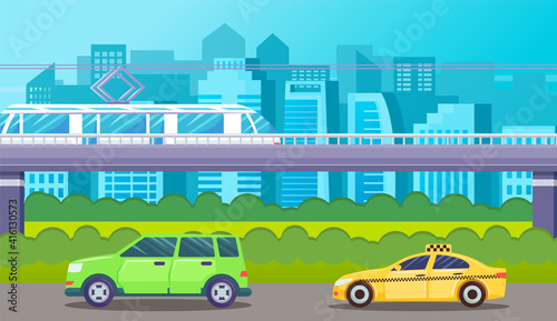Fototapeta Naklejka Na Ścianę i Meble -  Street traffic, green car and taxi ride along the road, bushes and bushes under the bridge. Ground metro, moving train. Houses, skyscrapers, buildings on background. Flat vector illustartion of city