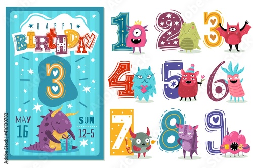 Kids anniversary numbers. Children birthday party greeting card template, invitation poster with colored cartoon numbers, bright funny monsters aliens and creatures vector isolated set