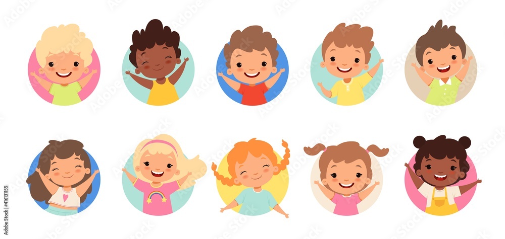 Happy kids avatars. Cute children smiling, boy girl in rounds vector set. Illustration girl and boy avatar, happy kids, child happiness Happy kids avatars. Cute children smiling, boy girl in rounds vector set. Illustration girl and boy avatar, happy kids, child happiness