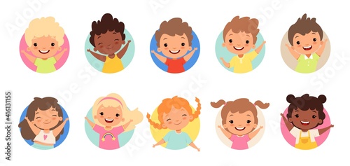 Happy kids avatars. Cute children smiling, boy girl in rounds vector set. Illustration girl and boy avatar, happy kids, child happiness photo