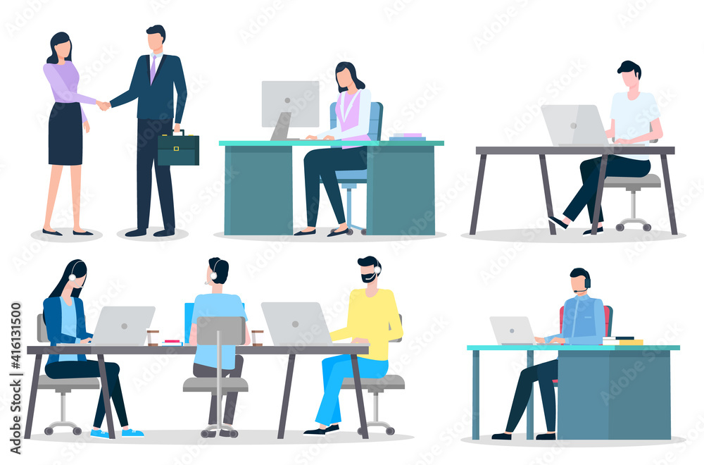 Office workers at desktops, annual report typing, men and women vector. Statistics and analytics, characters dealing, laptop or computer. Online business or customers support agents illustration