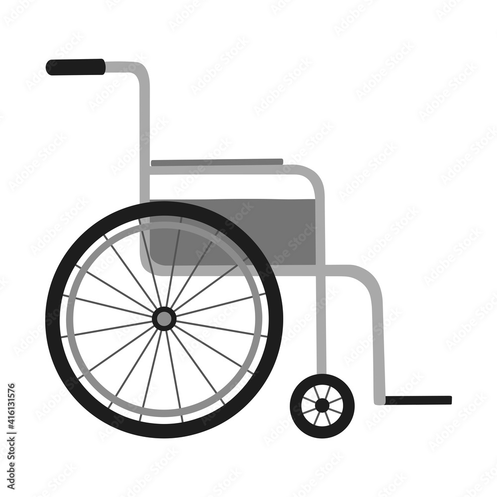 Vector illustration isolated on white background. Monochrome wheelchair in the hospital. Cartoon flat style object. Design for sign, medical service, hospital, icon. Vector illustration isolated on white background. Monochrome wheelchair in the hospital. Cartoon flat style object. Design for sign, medical service, hospital, icon.