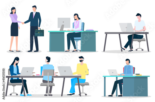 Office workers at desktops, annual report typing, men and women vector. Statistics and analytics, characters dealing, laptop or computer. Online business or customers support agents illustration