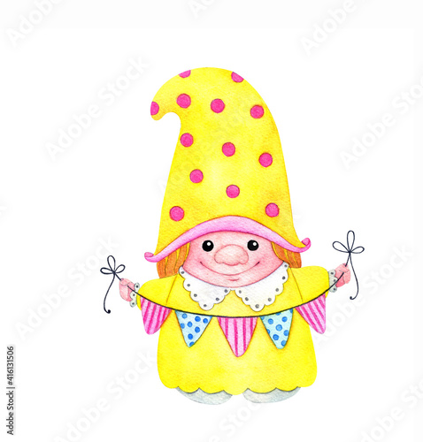 Dwarf girl in a yellow dress with a garland of flags in her hands. Watercolor illustration in cartoon style on a white background. photo