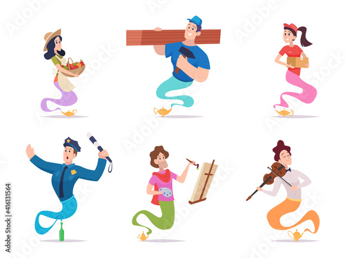 Fairy tale genie. Fantasy characters male female living in fairy tale lamp or bottle creatures various poses and professions exact vector persons in smoke. Illustration cartoon character from lamp