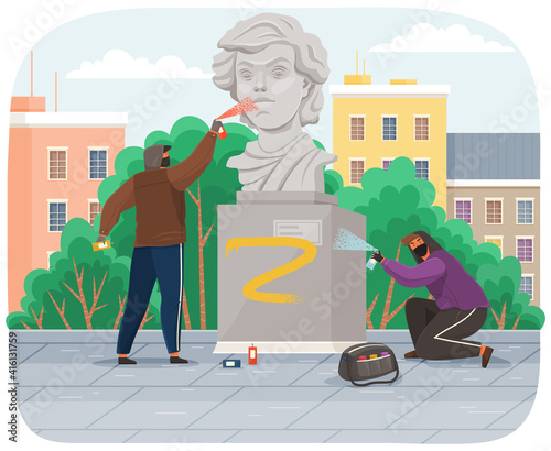 Vandals damaging monument. Bullies in hood and balaclava painting graffiti on a statue in city park stain with paint. Street gangsters and vandalism concept. A man bandit destroy city property