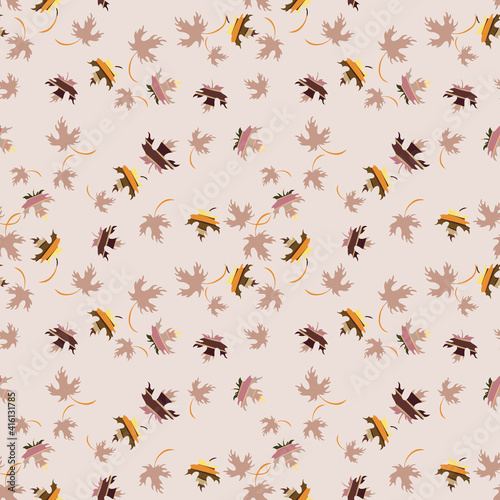 Autumn leaves background. Vector seamless pattern with colorful maple leaf silhouettes. Elegant abstract texture in pastel colors. Hand drawn art. Stylish repeat design for print, decoration, wrapping © Bereletik Art