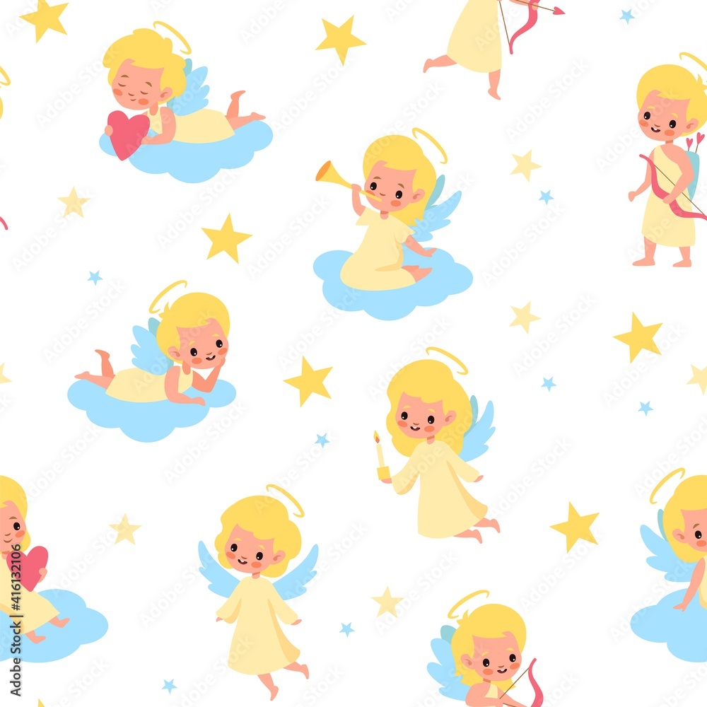 Sweet angels seamless pattern. Babies with wings pastel colors, children on clouds, little blond angelic boys and girls. Decor textile, wrapping paper wallpaper vector print or fabric