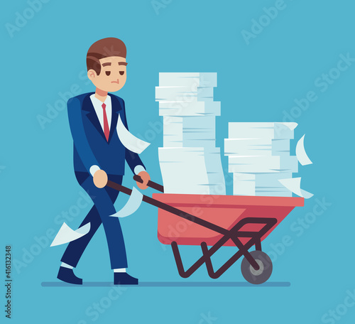 Businessman with a pile of papers. Cartoon man carrying cart with stacks of documents, time management deadline, business process or bureaucracy vector unorganized office work concept