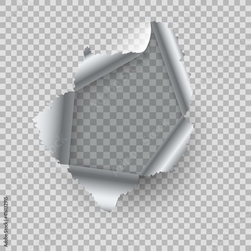 Metal hole. Realistic burst metal with ragged torn hole, steel rip burst, damaged chrome wall with curled pieces, empty bullets ripping page vector 3d illustration on transparent background