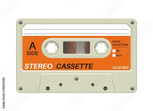Retro cassette. Audio equipment for analog music records. Blank stereo tape. Plastic musical device. Old-fashioned mixtape of tunes and songs. Vector multimedia tool with copy space