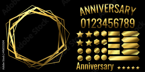 Anniversary. Collection of golden elements, border frame. Design template for Weddings, Birthdays, Invitations. Hexagon. Banner, poster, postcard. Collection. Geometric