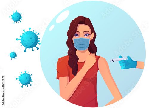 Vaccination For Protection Against Virus Illustration. Covid Prevention With Vaccine, Shield Bubble, And Coronavirus