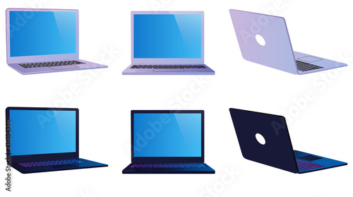White And Black Modern Laptop set. Front View, Side View, And Back View.