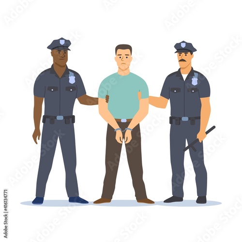 Two police officers of different skin colors arresting the criminal.