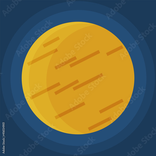 Cartoon fantastic yellow planet on dark blue space background. Cosmic object solar system astronomical element. Space game element vector objects round shape. Celestial body in orbit around a star