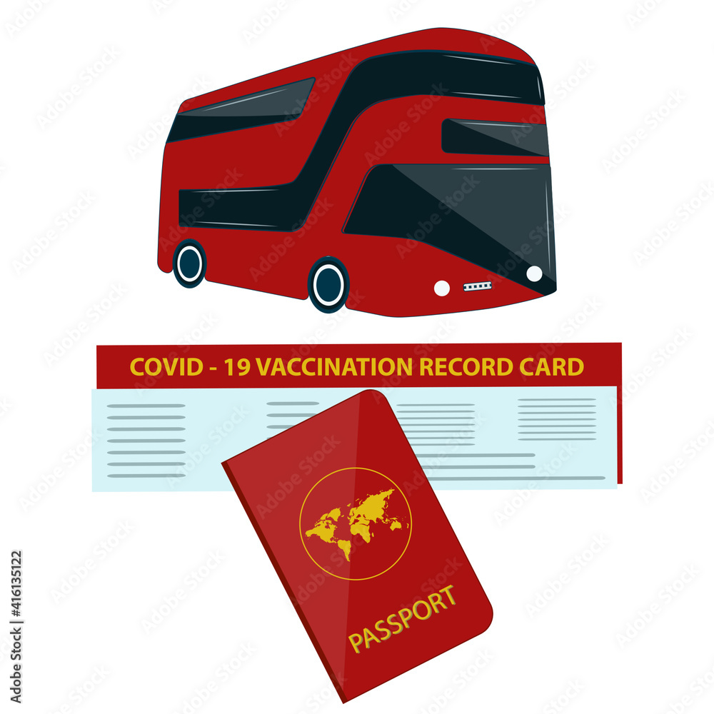 Covid - 19 vaccinated record card, passport, double-decker bus - vector. Travel with a new demand. Preventive action. Health care concept.