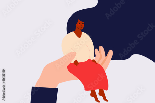 Pregnant black woman sits on a doctor's hand during a check-up in hospital. Medical care consultation for a happy woman. Gynecologist, psychological, Prenatal medical concept. Vector illustration. 