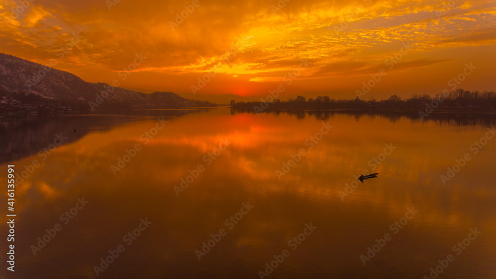 Fototapeta premium Sunset at Manasbal Lake, Kashmir, Jammu and Kashmir UT