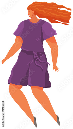 Cartoon female soaring and flying in the air dreaming person in movement pose isolated on white background. Woman floating in imagination dream. A girl flying in dreams or sky wearing casual clothes