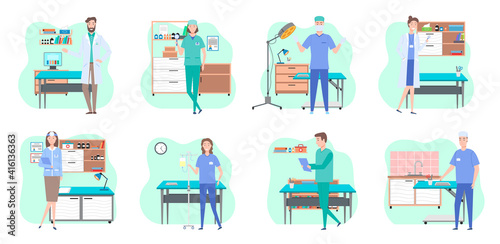 Man and wooman doctors in their workplaces in medical office set. Health protection concept. Male and female characters medic and nurse in medical clothes in the hospital ready to accept the patient photo