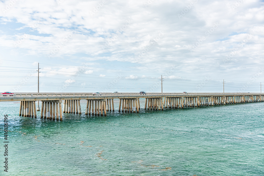 Seven Mile Bridge landscape of Florida Keys water of Atlantic ocean with cars on Overseas Highway road in summer