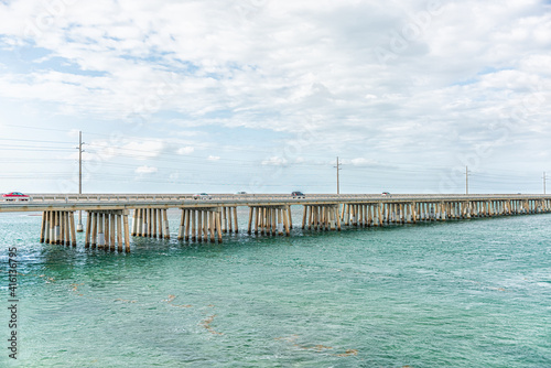 Seven Mile Bridge landscape of Florida Keys water of Atlantic ocean with cars on Overseas Highway road in summer