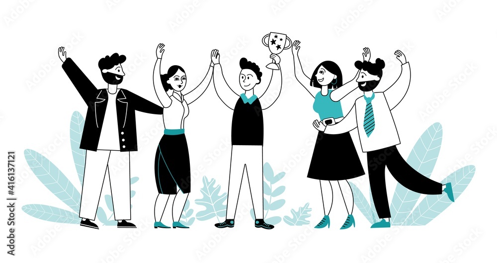Business team with trophy. Flat people reward, achieving or success of employees. Victory celebration, office winners group decent vector concept. Illustration businessman leader and team with trophy